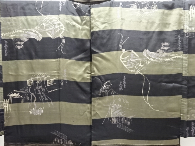  アンティーク　家屋に印籠模様肩裏男物羽織